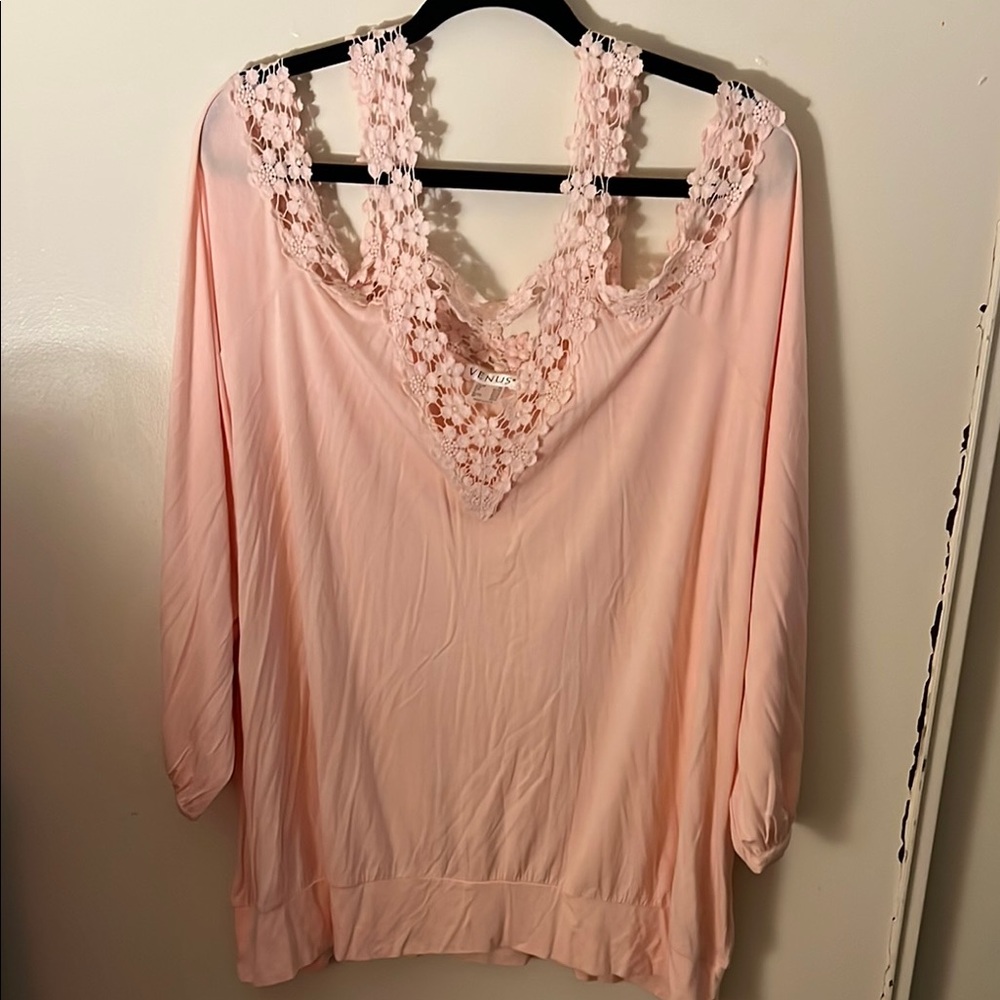 VENUS Cream and Orange Plunge V-Neck 3/4 Sleeve Embellished Blouse